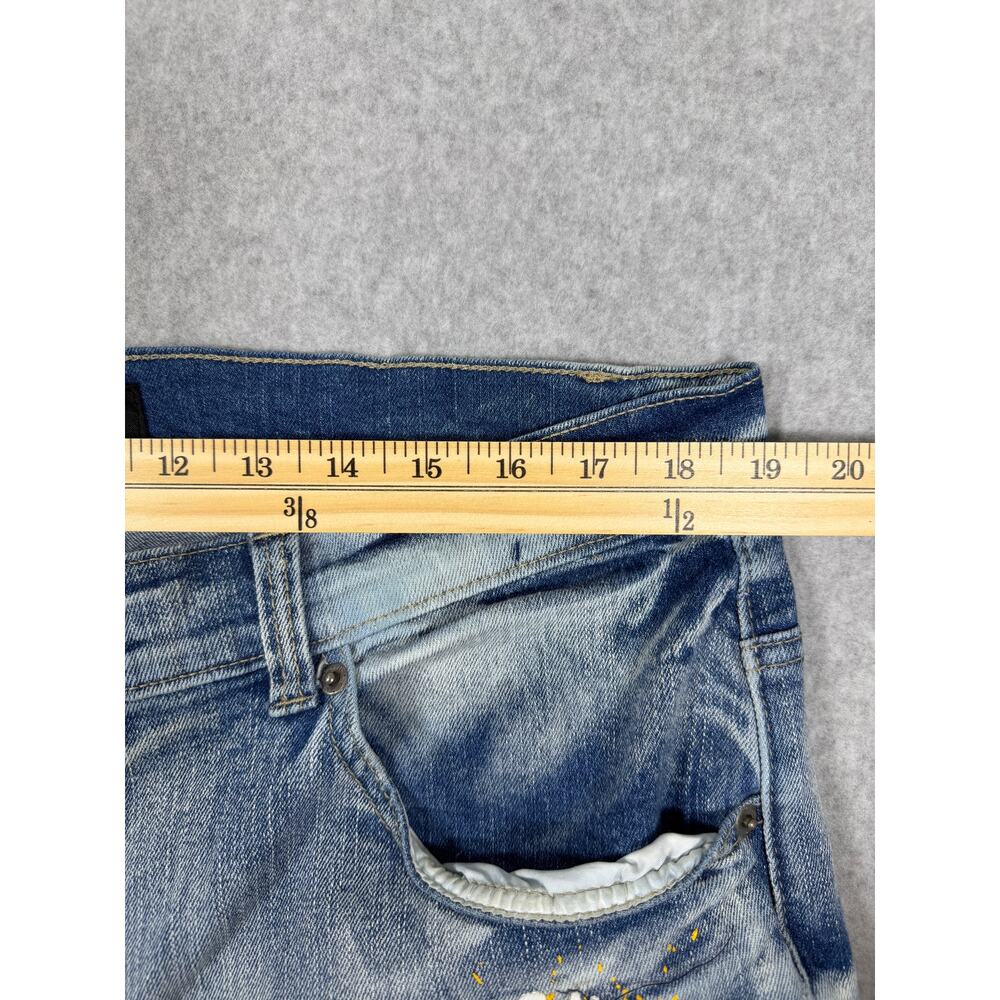 Copper Rivet Distressed Moto Mens Jeans Plaid Rip & Repair Light Blue 38x32 Slim - Picture 11 of 16